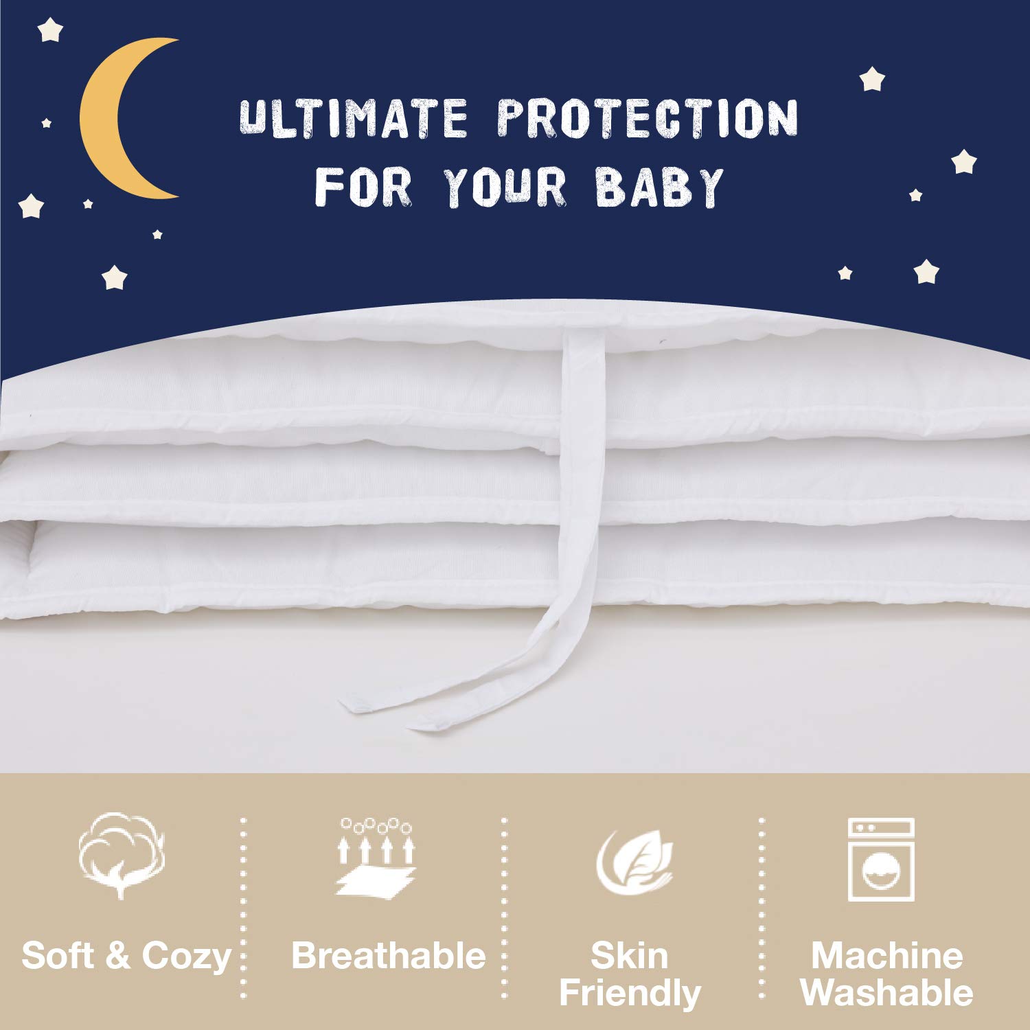 EXQ Home 4-Piece Breathable Crib Liner Protector, Deluxe Crib Safety Guard Pad with Thick Padding, Machine Washable Luxury Nursery Bed Essential for Boys Girls(Ivory) : Baby
