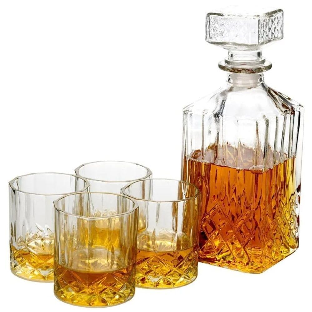 HomePlaceEU Whisky and Wine Decanter Set 900 ml with 4 Whisky Glasses 230 ml in Gift Box