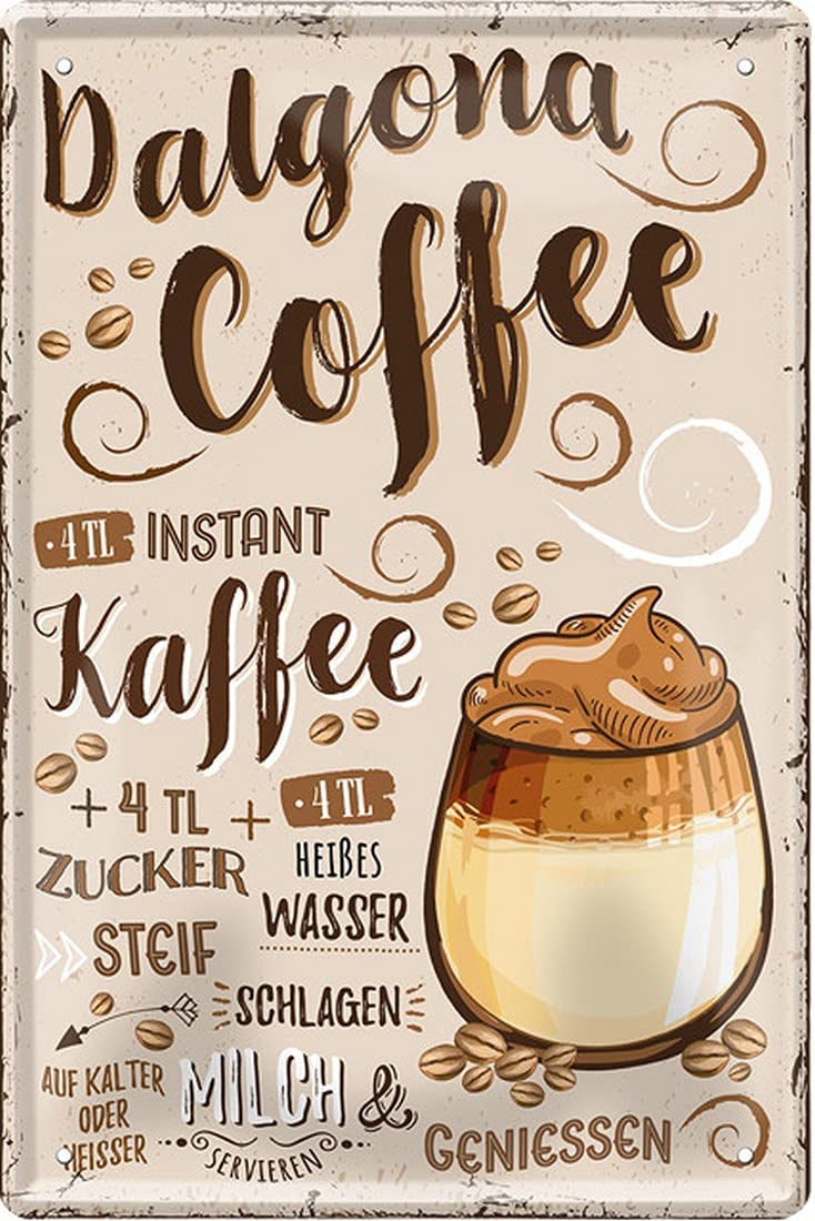 Coffee Varieties Preparation Recipe Retro Decorative Tin Sign Coffee Bar Bistro Restaurant (20 x 30 cm, Dalgona Coffee - Instant Coffee Sugar Milk 2263)