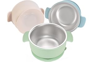 Bella's Friends Stainless Steel and Silicone Baby Bowls with Suction 3 Pack, 4.3” for Toddlers Kids Feeding, Non-Slip, Non-Toxic, Mess-Free, Dishwasher Safe, Fit High Chair Size, beige green blue
