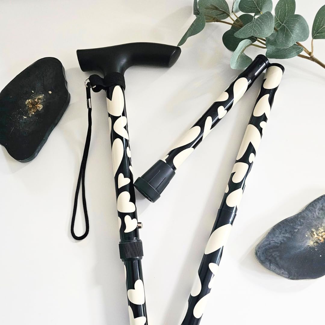 Customised Funky Folding Walking Stick For Women With Arthritis, Adjustable Lightweight Mobility Aid (Vanilla Heart Customised Walking Stick, Standard)