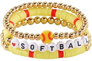 CAIYAO 3Pcs Dainty Football Soccer Baseball Basketball Rugby Volleyball Polymer Clay Beaded Charm Bracelets Handmade Gold Beaded Sports Ball Stretch Bracelet for Women Men Sports Team Jewelry Gift