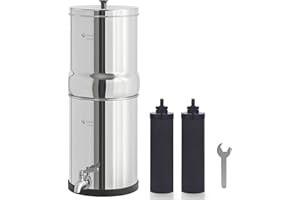 FACHIOO 1.5G Stainless Steel Gravity-Fed Water Filter System with 2 Black Purification Filter and Metal Spigot, NSF/ANSI 42 Certification, Reduces up to 99% of Chlorine, for Home, Camping, Outdoor
