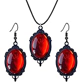 coadipress Gothic Cameo Earrings Necklace Set for Women Halloween Crystal Pendant Necklaces Vintage Red Green Purple Stardust Crystal Emboss Earrings Halloween Victorian Jewelry