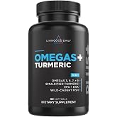 Livingood Daily Omega 3 6 7 9 Plus Turmeric Curcumin Supplement, 60Softgels | 5-in-1 Fish Oil Omega 3, 6, 7, 9, EPA, DHA, Emulsified Turmeric Curcumin, Fatty Acids, Brain, Joint, Metabolism, Made in USA