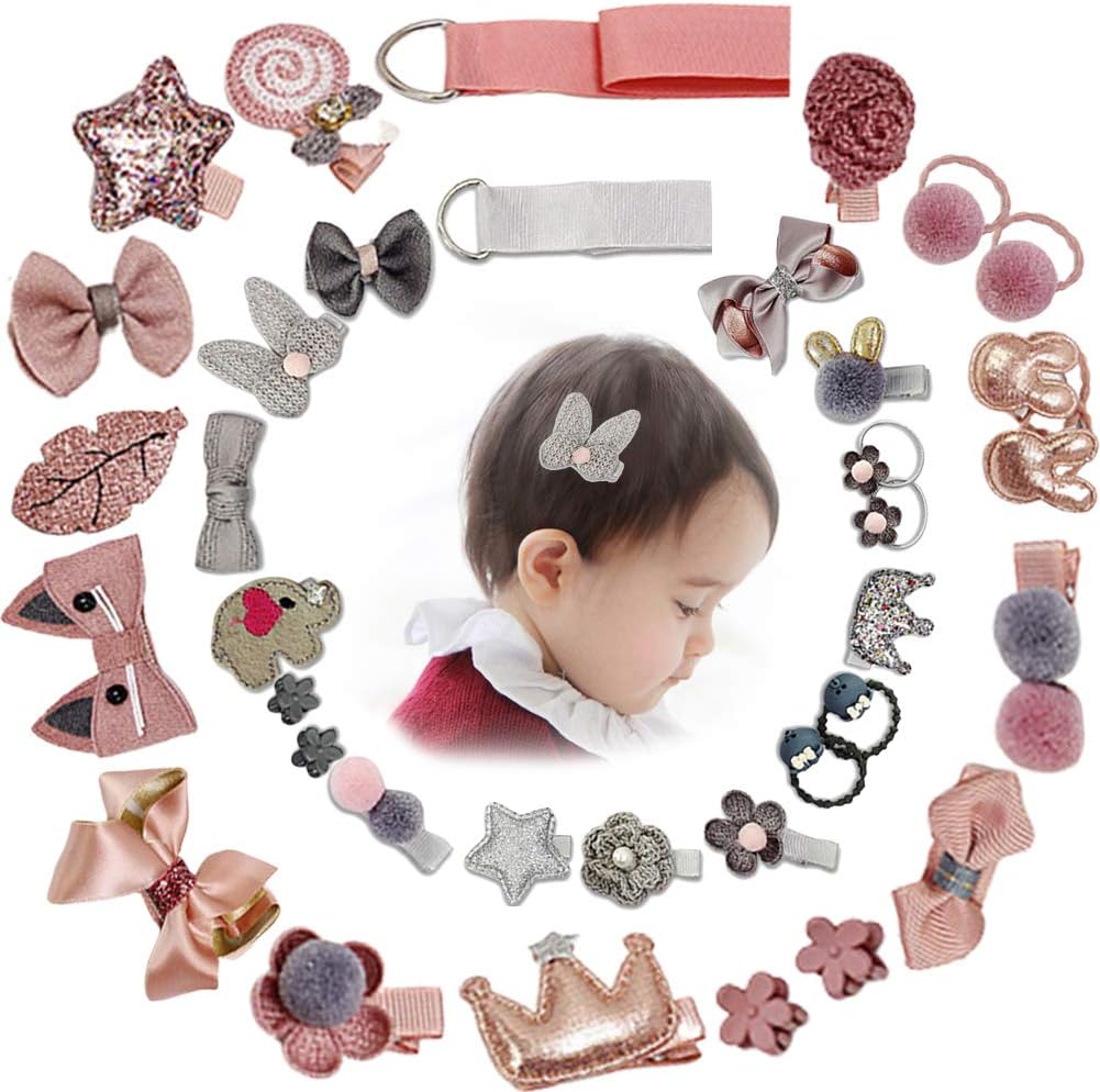 LSQ Baby Girl's Hair Clips Cute Hair Bows Baby Elastic Hair Ties Hair Accessories Ponytail Holder Hairpins Set Baby Girl Headbands for Baby Girl Toddler Assorted Styles(36 Pieces Pack) (Pink+Grey)