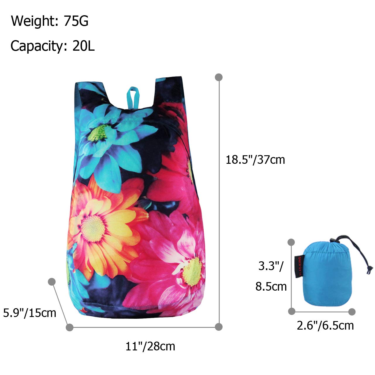 CHIC DIARY 3D Printed Packable Lightweight Travel Hiking Backpack Daypack (Flower(Rose))