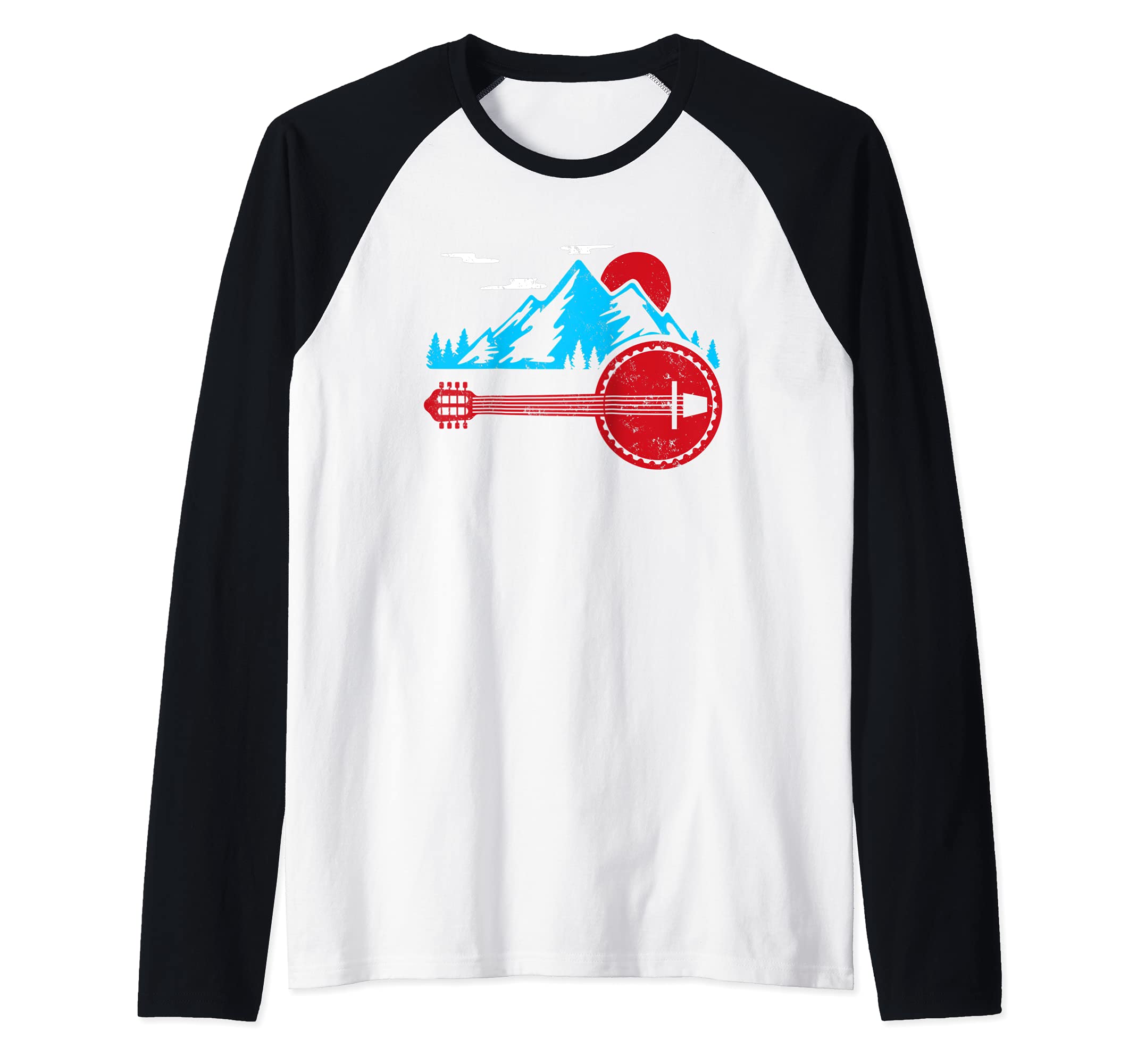 Retro Banjo Mountain And Sun Banjo Bluegrass Raglan Baseball Tee