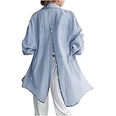 OYOANGLE Women's Solid Back Buttoned Shirts Drop Shoulder Long Sleeve Casual Collar Loose Fit Button Down Shirt