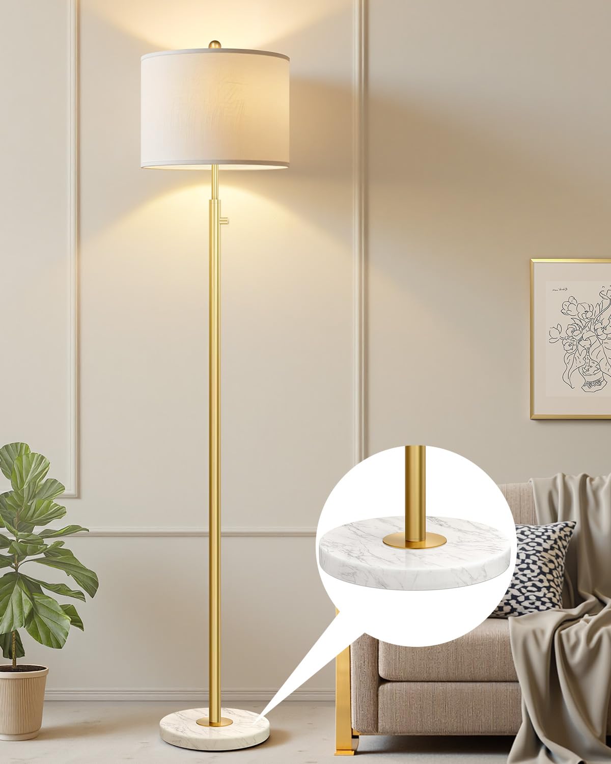 Photo 1 of ?Upgraded?Dimmable Gold Floor Lamps for Living Room, 11W LED Bulb Included, Modern Standing Lamp with Marble Base, Tall Pole Light with White Linen Shade for Bedroom Reading Office Corner Nursery