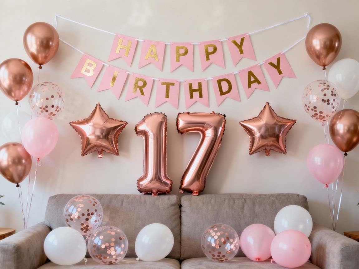 17th Birthday Party Decorations Rose Gold for Girls, Birthday Banner Rose Gold Number 17 Star Foil Balloons Confetti Balloons for Girls Her Daughter 17 Year Old Supplie(17th)