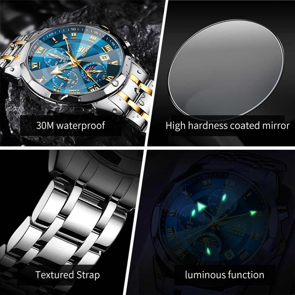 OLEVS Männer Uhr Quarz Luxus Business Uhren Multifunktion Chronograph Mondphase wasserdicht Leuchtend blaues Gesicht Silber Edelstahl Armbanduhren 6