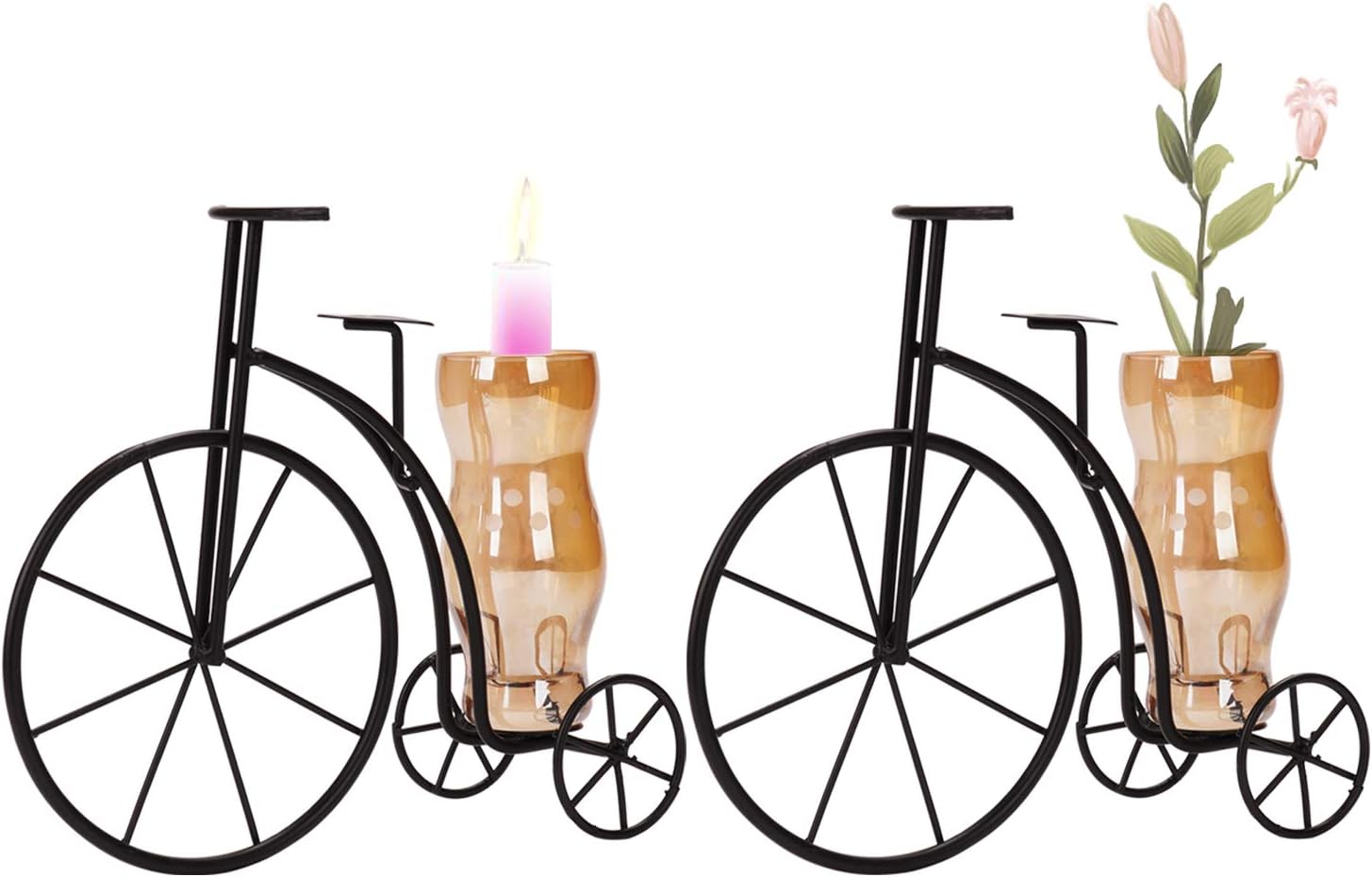 Luckin Tian Geometric Iron with Glass Taper Candle Holder for Wedding Vintage Shelf Coffee Table Centerpiece Dining Living Room Modern Decor Candlestick Holder Gift for Home Mantle Fireplace Set of 2