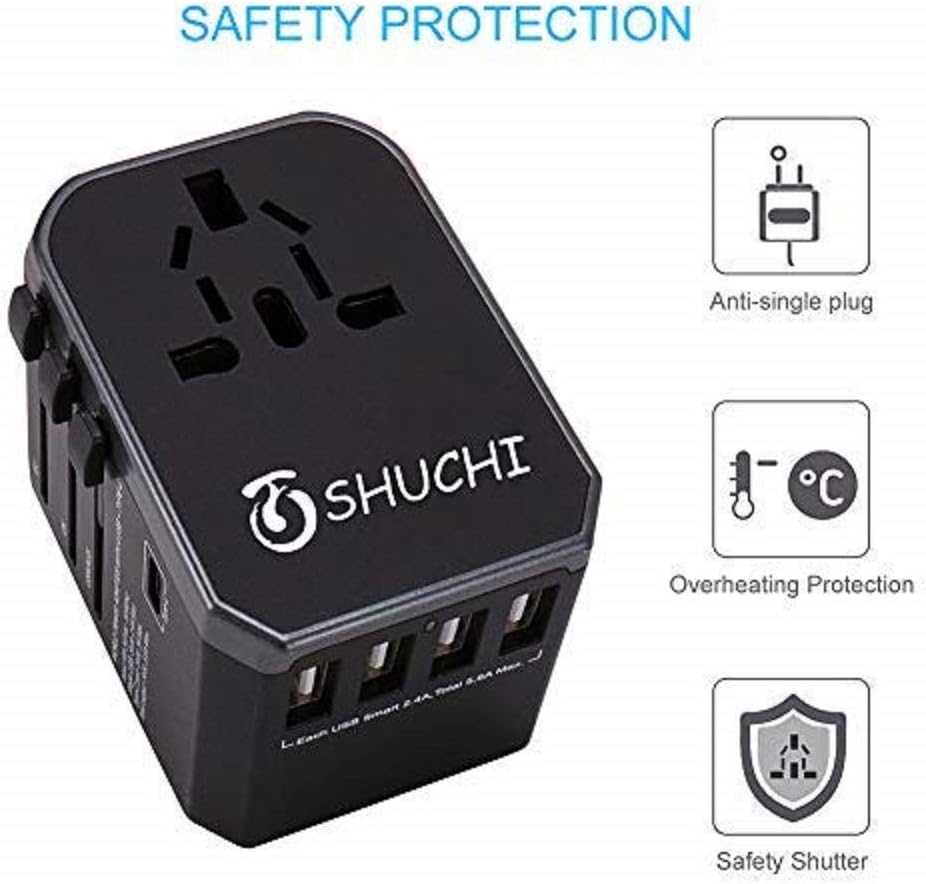 Travel Adapter, All in One Wall Charger AC with 3.0 A Type C and 4 USB for UK USA EU AUS Asia - - 