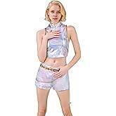 BAEHEU Adult Cosplay Costume Shirt High Neck Crop Tank Top Shorts Gold Belt Halloween Outfit