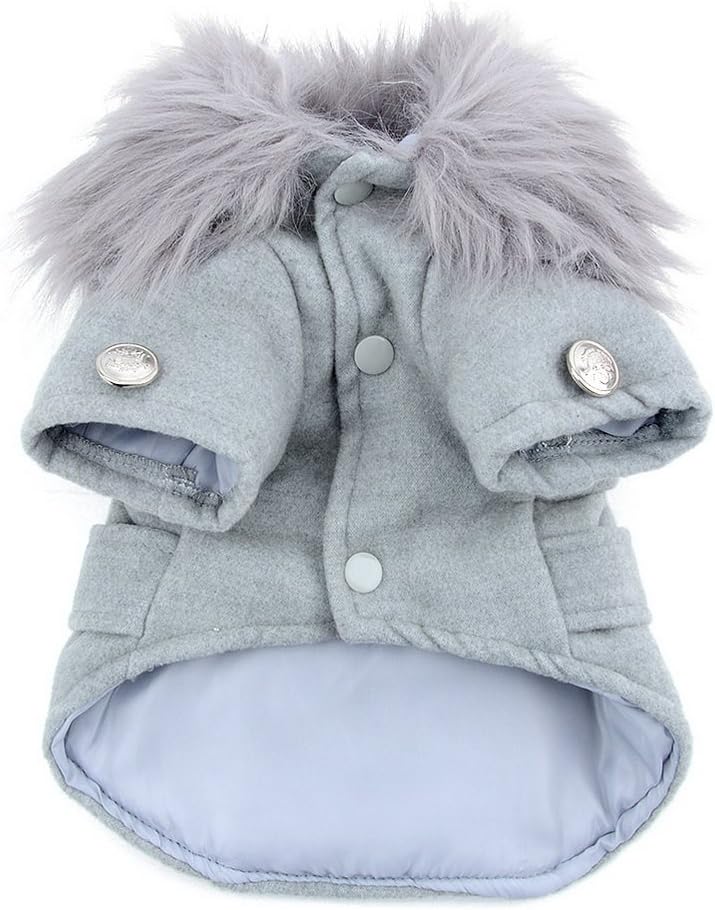 Pet Cat Dog Clothes European Woolen Faux Fur Collar Coat Small Dog Cat Pet Clothes Costume Light Grey L - Image 3