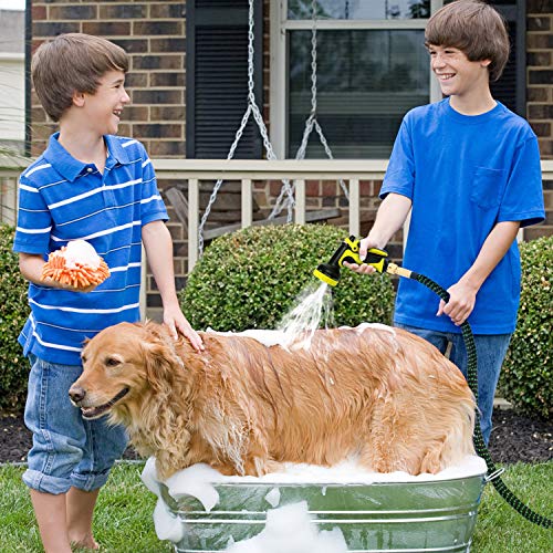 Pimpimsky Garden Hose Expandable 100 feet, Flexible Shrinking Hose with Solid Brass Fittings, Durable Triple Latex Core 9-Pattern Spray Nozzle Stretch Water Hose for Garden Lawn Pet Shower Plant Car