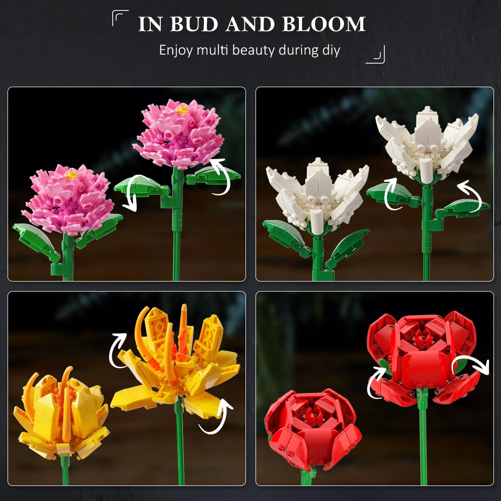HOGOKIDS Blumen Bauset für Mädchen ab 8+ Jahren - 18 Blume Blumenstrauß Bausteine, 1464 Teilige Kunstblumen Pflanzen Bausatz, Botanik Kollektion Haushalt Deko, Kreatives Geschenk für Kinder Erwachsene 5