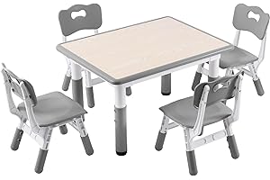GITAWUSA Kids Study Table and Chairs Set, Height Adjustable Toddler Table and Chair Set for Kids Ages 3-8, 31.5" L x 23.6" W Graffiti Desktop Plastic Children Art Table with 4 Seats, Grey
