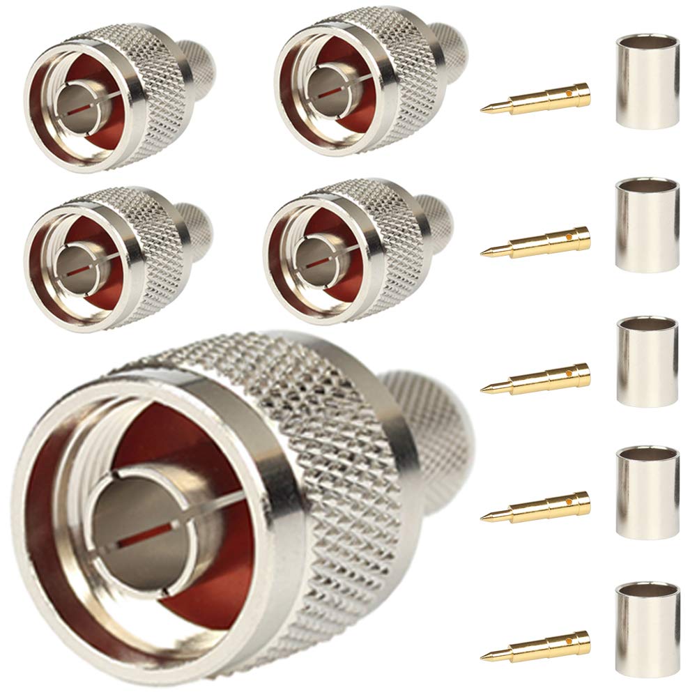 Fiotasy 5-Pack N Type Connector Male Crimp On Plug Coaxial Connector for LMR400 RG8 Belden 9913 50 Ohm Low Loss RF Coaxial Cable
