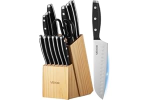 VEVOR Kitchen Knife Set with Block and Sharpener, 15 Piece High Carbon Stainless Steel Sharp Knife Set, Kitchen Cutlery with 
