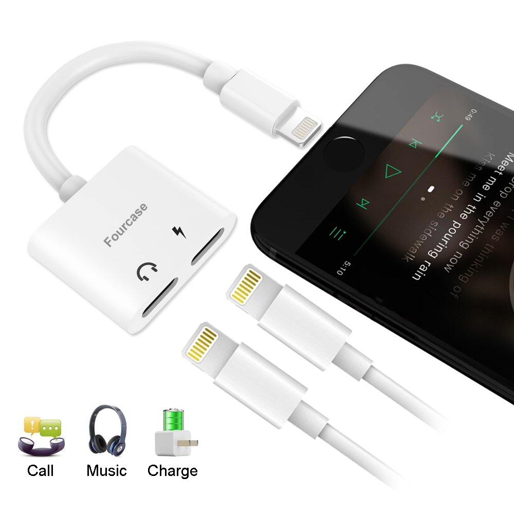Fourcase Dual Ports Jack Adapter, 2 in 1 Headphone Adapter Dual Port Splitter Aux Cable Charger,Music and Charge Compatible with IP XS/XR/ XS Mas,IP 7/8/X/7 Plus/8 Plus