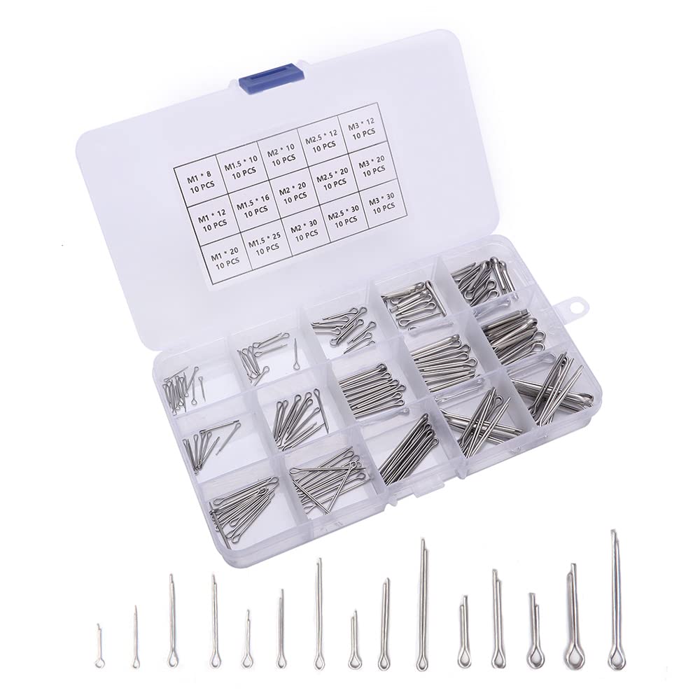 VooGenzek 150 PCS Cotter Pins Assortment, 15 Sizes Stainless Steel Split Pins with Plastic Box, for Automotive, Mechanics, Car Garage, Workshop