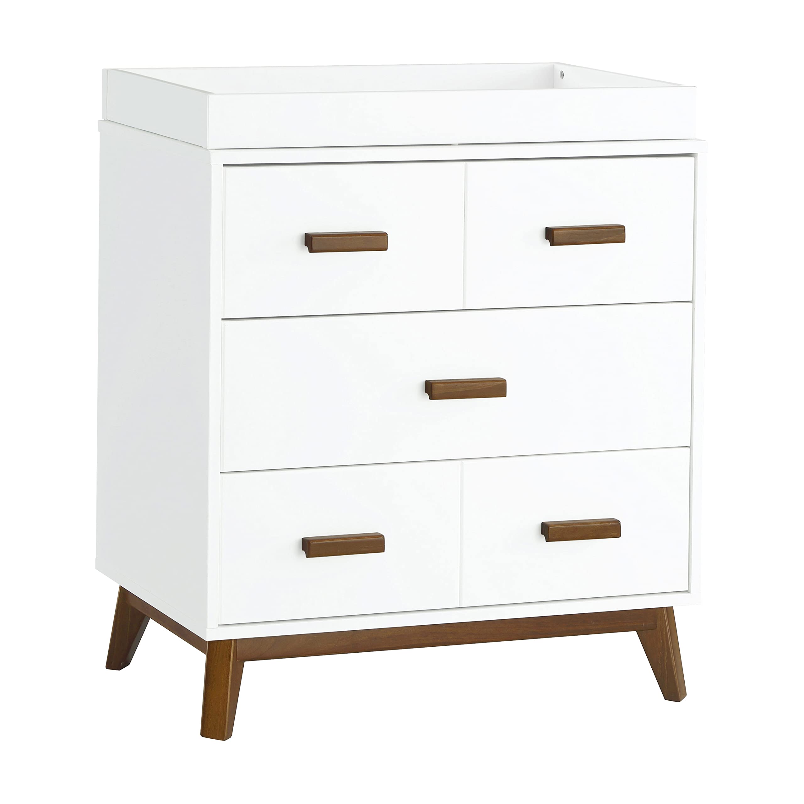 Photo 1 of *BACKBOARD IS DAMAGED AT CORNER* Babyletto Scoot 3-Drawer Changer Dresser with Removable Changing Tray in White and Natural Walnut, Greenguard Gold Certifie