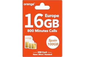 GIFFGISS Orange Europe Prepaid SIM Card - 16GB Internet Data in 4G/LTE + 800 Mins Call in Europe, 100GB + 800 Mins Calls in Spain, Europe SIM Card for 28 Days, Supported Hotspot, Standard/Micro/Nano