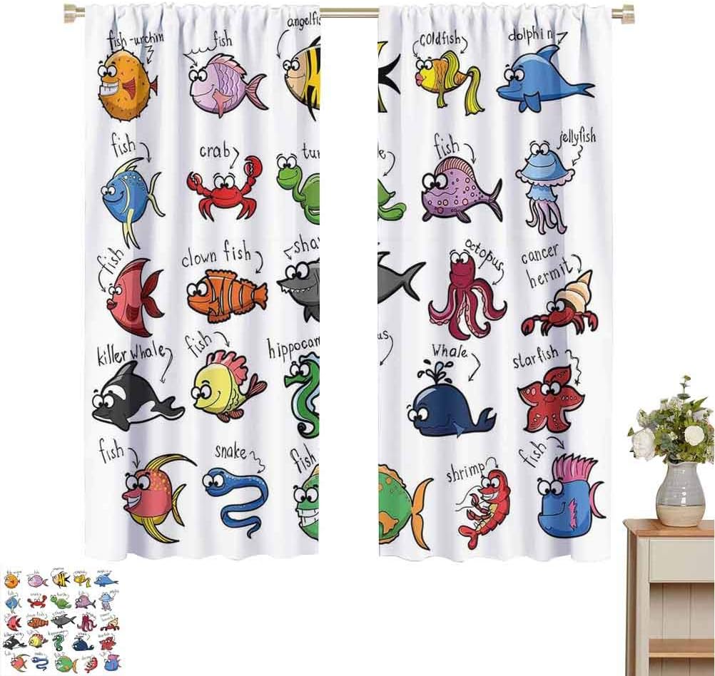 Flyerer Nautical Decor for Kids Curtains rods for Living Room Aquarium Cartoon Octopus Dolphin Shark Whale Clown Fish Jellyfish Crab Marine Room Darkening Curtains W55 x L39
