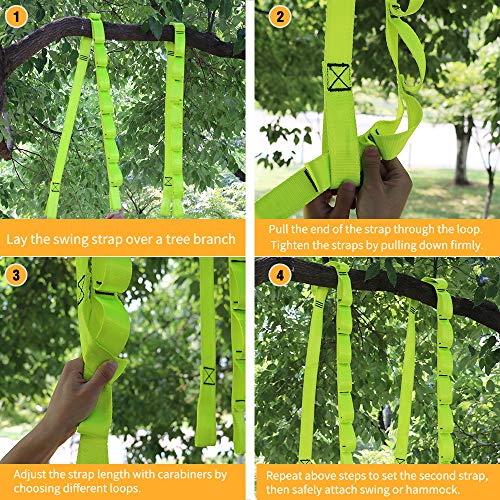 pys Tree Swing Straps Kit-Two Adjustable (20loops Total) Straps Hold 2000lbs Two Heavy Duty Carabiners (Stainless Stell),Easy & Fast Swing Hanger Installation to Tree, 100% Non-Stretch (Green, 5FT)