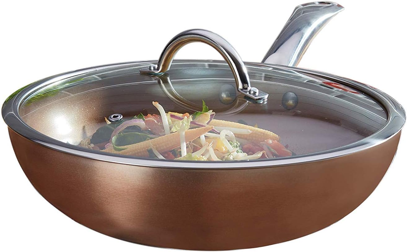 Cooks Professional Non Stick Wok with Lid 28cm Copper Effect Cookware