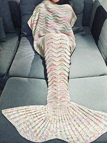 Mermaid Tail Blanket, Metrical Poetry Handmade Wave Mermaid Blankets Crochet Knitting Blanket For Kids Teens Adult, Super Soft All Seasons Sleeping Bag( 71"x35.5") (White-A)