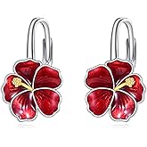 URONE Flower Leverback Earrings 925 Sterling Silver Poppy/Rose/Orchid/Cherry Blossom/Lily/Hibiscus/Lotus Earrings Flower Jewelry Gift for Women
