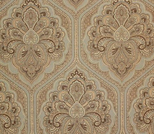 Aramaic Harbor Upholstery Fabric by the Yard, Jacquard, Royal Design, Botanical, Gold, Beige, Blue, Brown