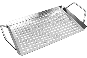 LUOIEO 11 x 7 Inch Nonstick Grill Tray with Handles,Perforated Stainless Steel Grill Pans for Outdoor Grill,Heavy Duty Grilling Accessories for Charcoal Gas Grills,Easy to Use and Clean
