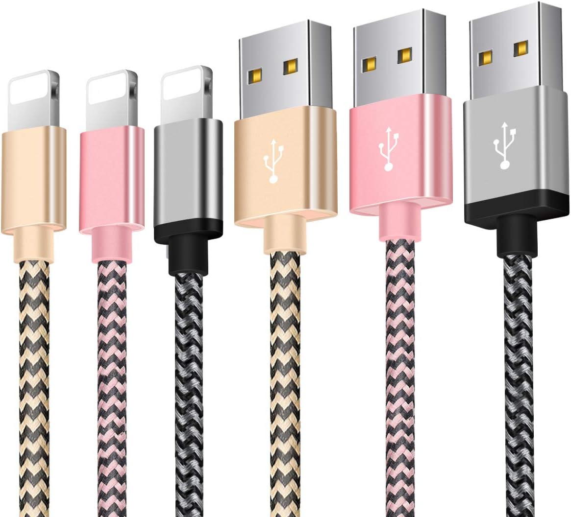Charger Cable Compatible with Phone 3Pack [3FT 5FT 5FT] Charging Cord Nylon Braided Charger Cord Compatible with Phone X/8/8 Plus/7/7 Plus/6/6 Plus/Pad/Pod and More (Rose Gold Silver)