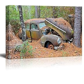 Canvas Prints Wall Art - an Old Rusted Out Scrap Car That Has Been Abandoned in The Woods - 12" x 18"
