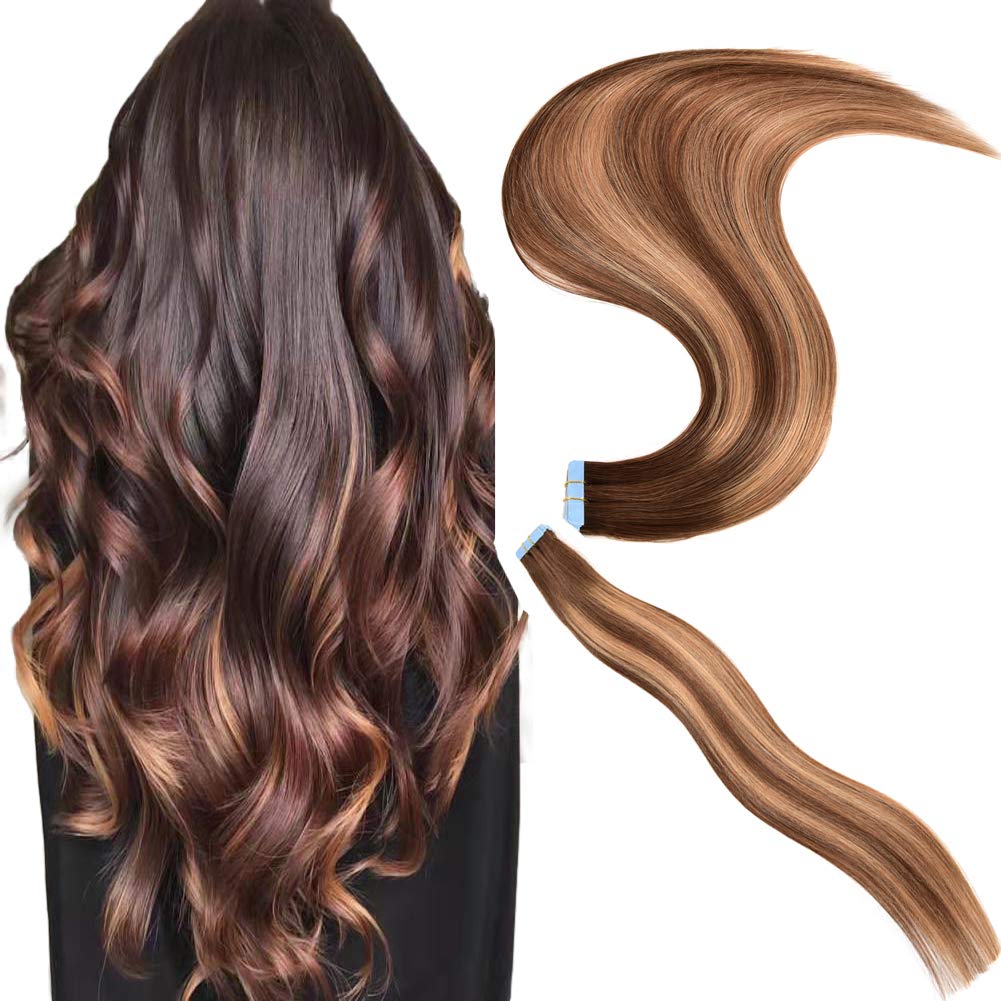 GEELOOKTape in Hair Extensions Human Hair 14inch Skin Weft Straight Thick Natural with 12 Pieces Replacement Tape 20pcs 50g Chocolate Brown mixed caramel blonde #4/27/4