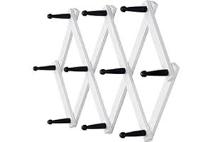 Dseap Accordian Wall Hanger: 16” High Wooden Wall Expandable Coat Rack, Hat Rack Holder, Accordion Hook for Baseball Caps, Coats, Mugs, 10 Peg Hooks, White & Black