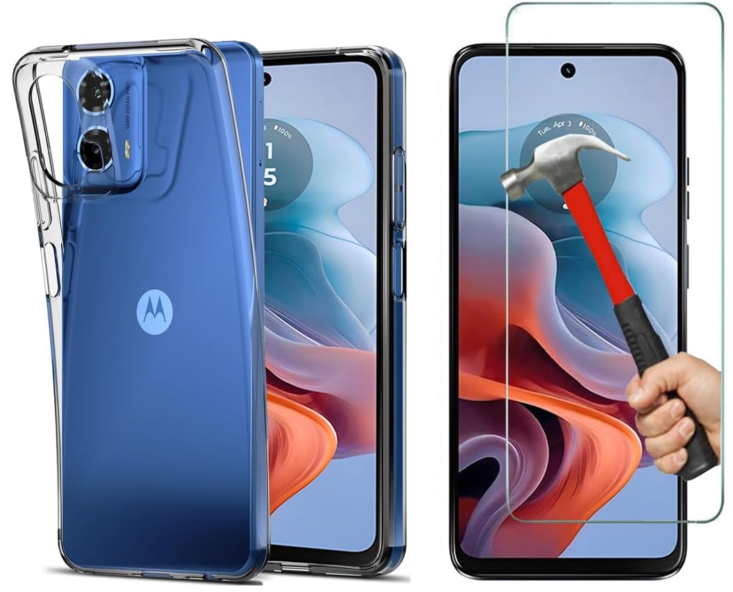 KP TECHNOLOGY Moto G34 - Clear Case Transparent Silicone Gel Cover with Tempered Glass Screen Protector for Motorola Moto G34 5G