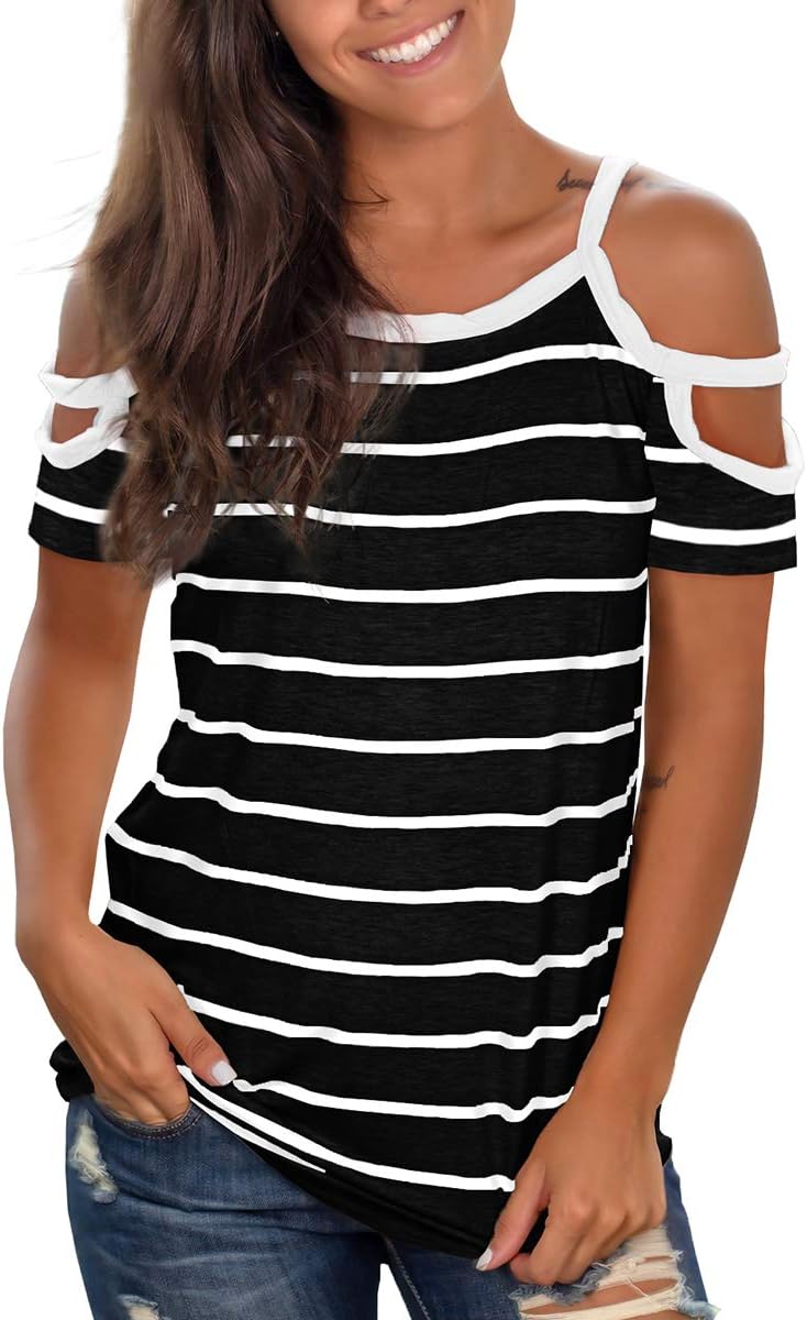 Cold Shoulder Tops for Women Cute Short Sleeve Crew Neck T Shirts