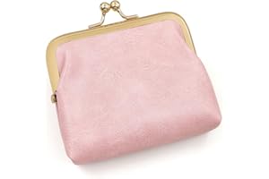 SENCCO Women’s Small Coin Purse, Vintage PU Leather Change Purse, Rectangle Kiss Lock Coin Pouch, Pocket-Sized, Solid Color, Mini Coin Purse for Women - Pink