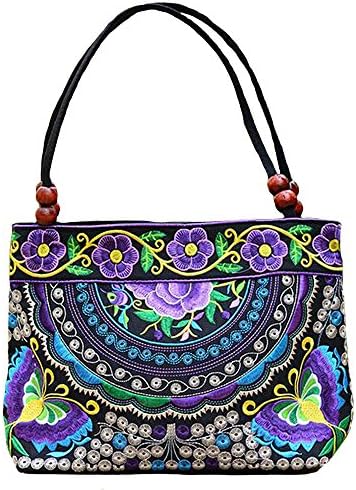 Vintage Embroidery Boho Womens Handbag Mandala Flower Embroidered Shoulder Bag (Purple Coins)