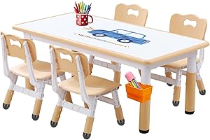 CHIIRAKU Kids Table and 4 Chairs Set, Height Adjustable Toddler Table and Chair Set for Ages 3-8, Easy to Wipe Arts & Crafts 
