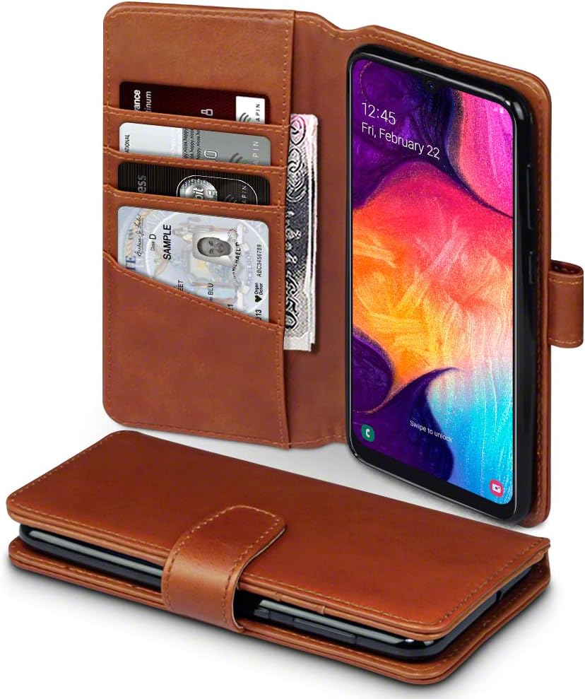 TERRAPIN, Compatible with Samsung Galaxy A50 Case GENUINE LEATHER Wallet Flip Cover - Cognac