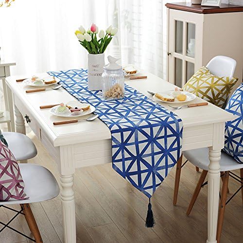 Lesic Geometric Jacquard Dark Blue Table Runner 12X70inches (32X180cm) with Decorative Tassel for Table Decoration