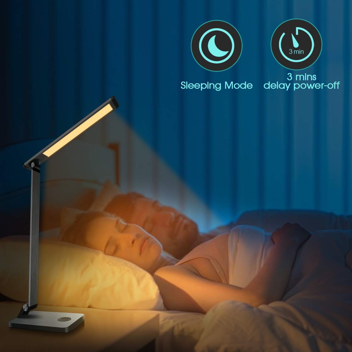 LED Desk Lamp, FXQ Aluminum Stepless Dimming Desk Lamp, Table Lamp with 2.4A Faster Charging Function, Smart Sleeping Mode and Light Memory Function for Ofifice, Reading Room and Beadroom, Grey