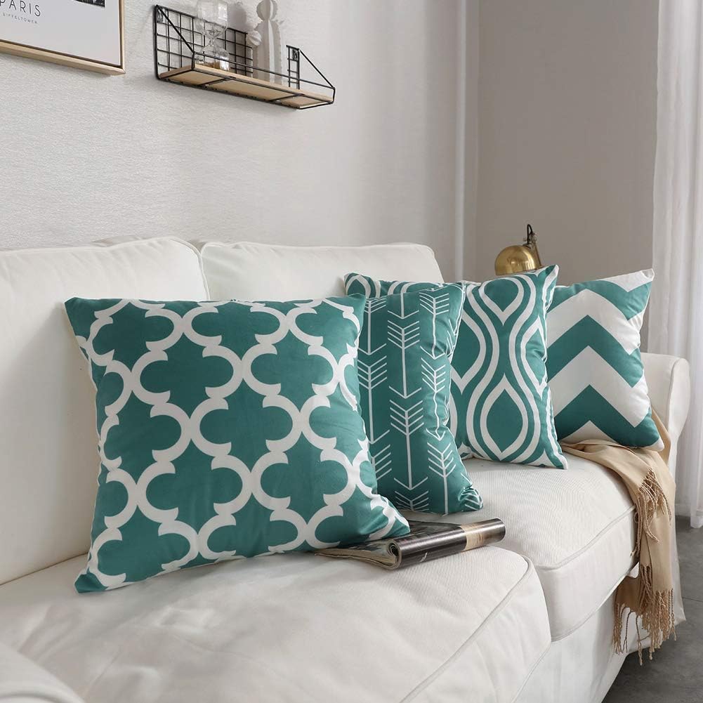 Set of 4 Throw Pillow Covers Geometric Pattern Teal Quatrefoil Arrow