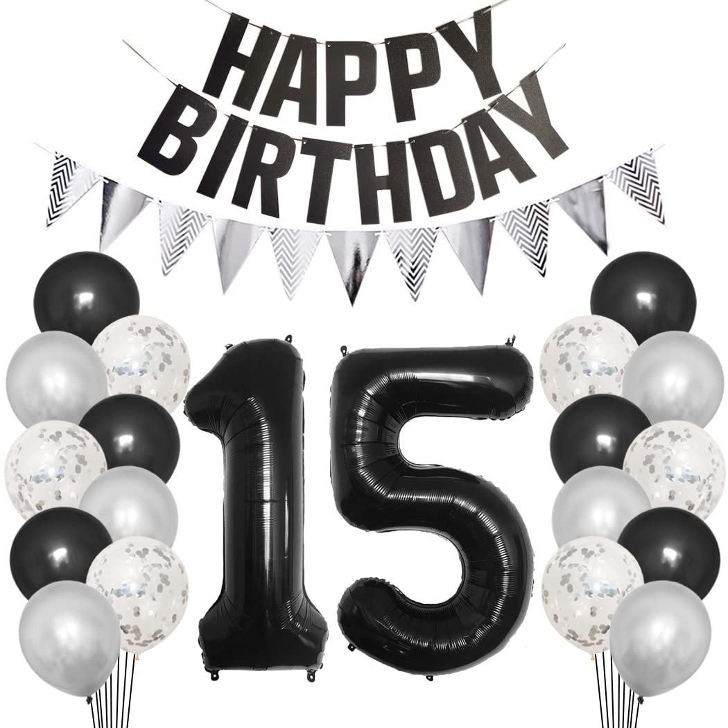 Borsgye 15th Birthday Party Decorations Set for Girl Boy Women Men Black HAPPY BIRTHDAY Letter Banner Silver Sparkly Glitter Traingle Banner Confetti Latex Balloons with Black Giant Number 15 Balloon